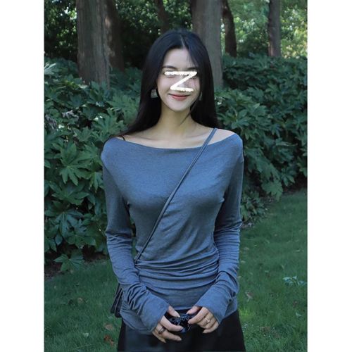 2024 new autumn women's off-shoulder long-sleeved T-shirt bottoming shirt casual inner wear one-line collar slim waist top