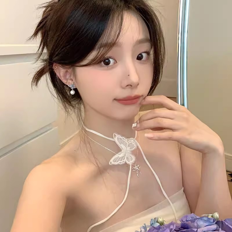 小眾高級感甜美氣質藍色蝴蝶耳環ins潮百搭網紅同款珍珠耳釘耳飾