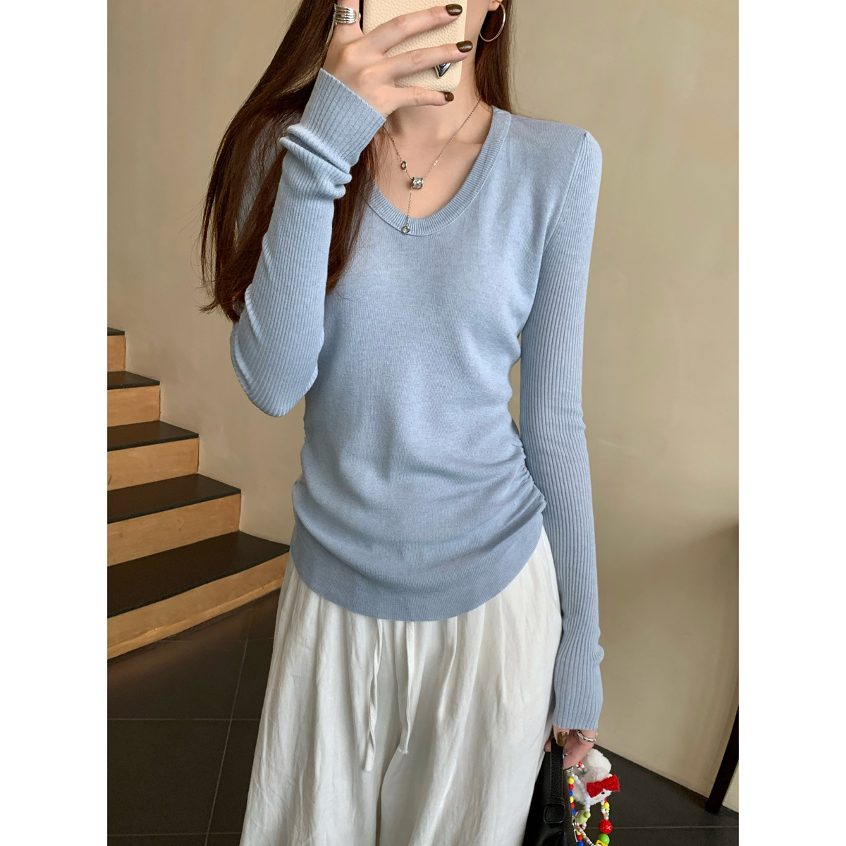 Real shot of autumn and winter Korean style u-neck slim-fit pleated design temperament 6 wool sweater bottoming sweater top