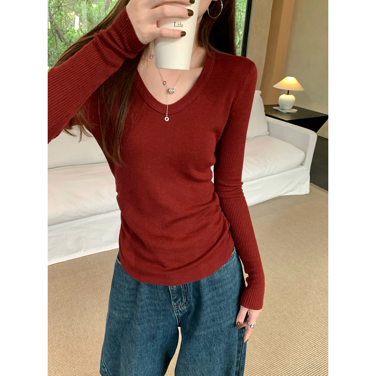 Real shot of autumn and winter Korean style u-neck slim-fitting pleated slimming 6 wool sweater bottoming sweater top