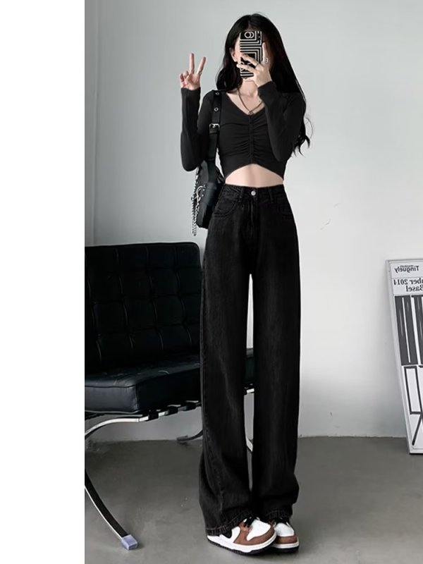 High-waisted wide-leg jeans for women spring and autumn new straight-leg loose floor-length pants high street ins trend