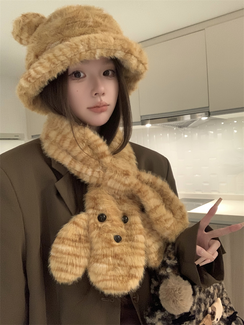 Real price Cute Bear Ears Furry Fisherman Hat Neck Guard Cold-Resistant Warm Cartoon Scarf 