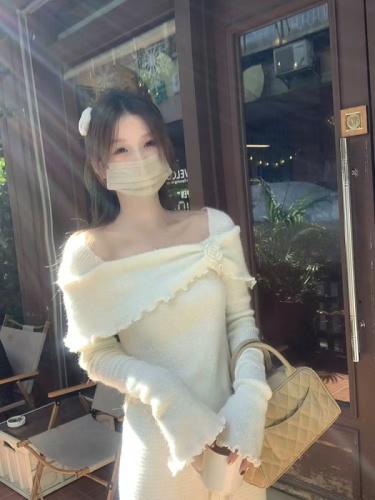 French style floral off-shoulder sweater for women with irregular design, slim waist and bell sleeve top for winter