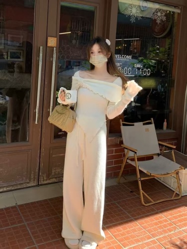 French style floral off-shoulder sweater for women with irregular design, slim waist and bell sleeve top for winter