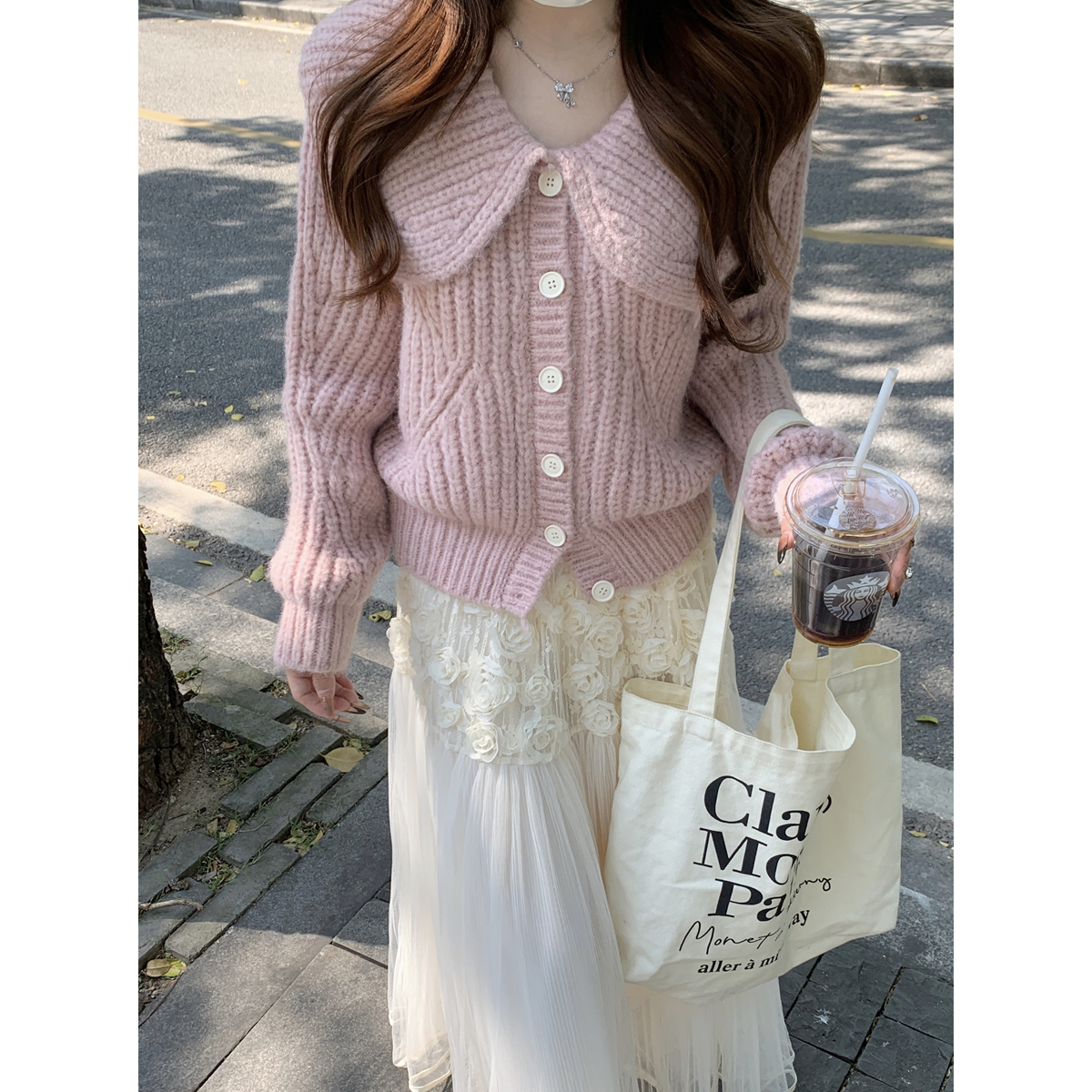 Actual shot of autumn and winter Korean style sweet ruffle collar single-breasted Andy velvet sweater long-sleeved sweater jacket