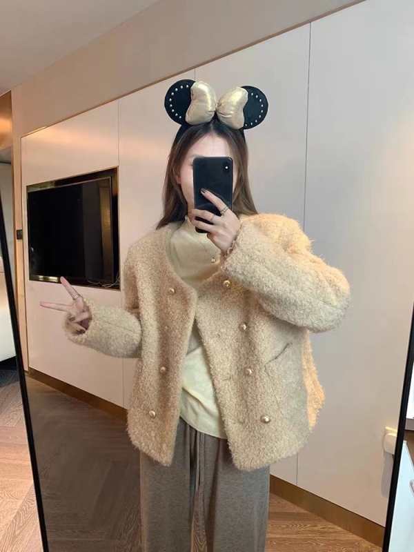 Plush short style jacket for women, retro style, round neck, double breasted, petite, elegant cardigan top
