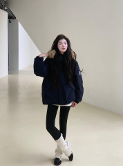 Actual shot of thick, cold-resistant detachable fur collar navy blue large coat, warm and loose cardigan