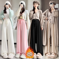 Real shot of plus velvet and thickened mink velvet striped knitted wide-leg pants for women 2024 autumn and winter slim straight high-waisted casual pants