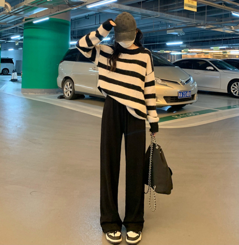 Three-label multi-color casual wide-leg pants with elastic waist and straight trousers