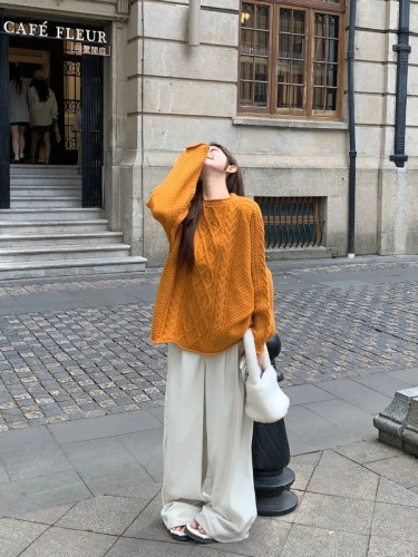 Actual shot of lazy style twist sweater for women in autumn and winter, soft and waxy suit top + versatile corduroy wide-leg pants two-piece set