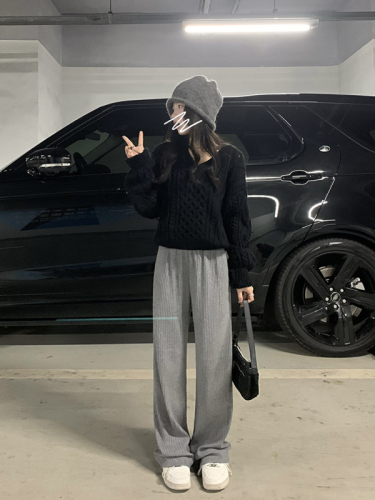 Three-label multi-color casual wide-leg pants with elastic waist and straight trousers