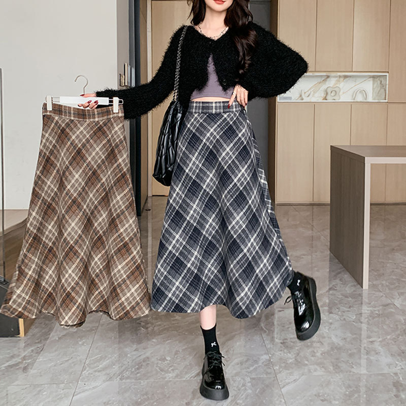 Plaid Woolen Skirt Women's Autumn and Winter High Waist Slimming Mid-Length Plaid Umbrella Skirt