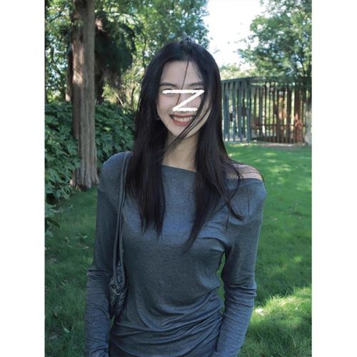 2024 new autumn women's off-shoulder long-sleeved T-shirt bottoming shirt casual inner wear one-line collar slim waist top