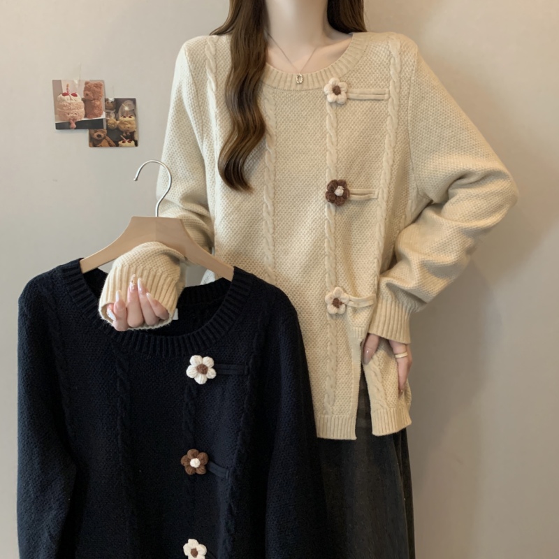 Large size fat mm slim design top autumn and winter new round neck three-dimensional flower slit sweater