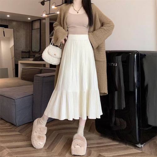 Retro knitted skirt for women 2024 new autumn and winter thickened high-waisted slimming pleated temperament a-line fishtail skirt