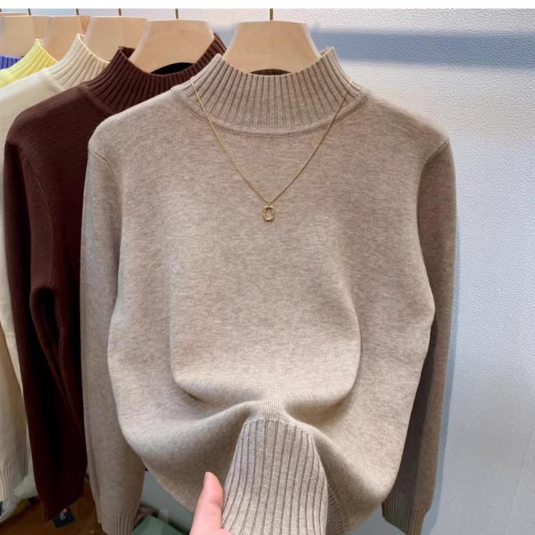 Autumn and winter new long-sleeved sweater for women 2024 solid color mid-collar pullover sweater thick style foreign style knitted outer layer base shirt