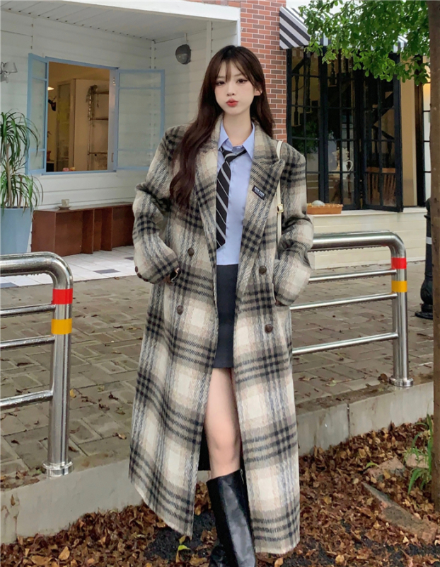 Retro plaid woolen coat plus size women's 2024 winter new high-end mid-length Korean coat