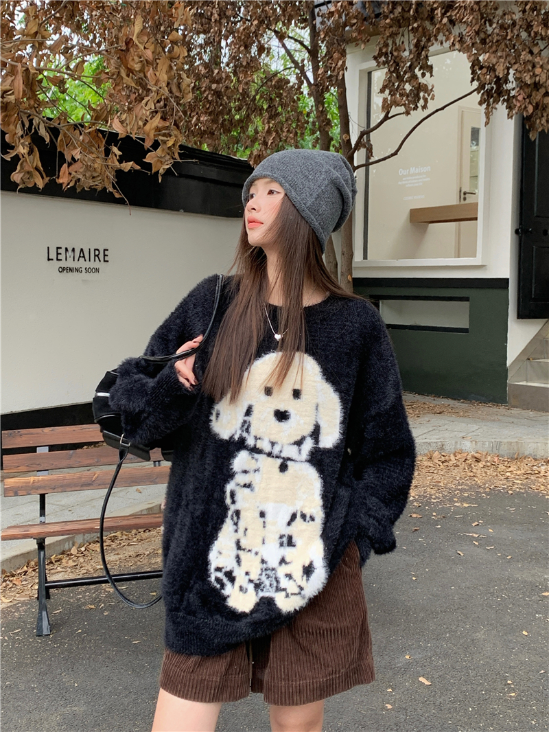 Actual shoot Korean style loose and versatile cute puppy medium and long sleeve sweater cashmere knit top