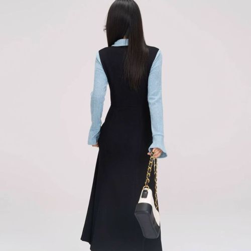 Half mouth fairy college style commuter splicing contrast dress autumn and winter new fake two-piece lapel knitted skirt