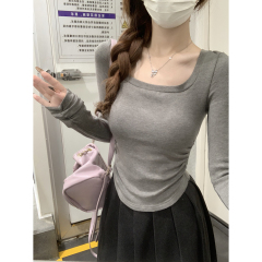 Real shot of autumn and winter Korean style temperament square collar slim fit simple pleated design cashmere long-sleeved bottoming T-shirt top