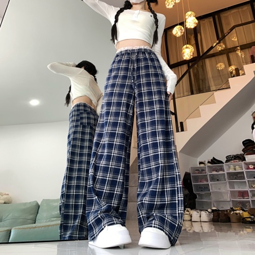 Lace Plaid Casual Pants Women's Autumn and Winter New Brushed Navy Blue Design Loose Wide Leg Pants