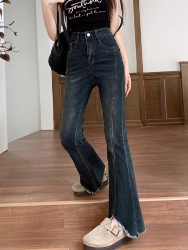Narrow version of micro-flared jeans for women in autumn new style raw edge design for fat girls mm high waist slim covering span flared pants