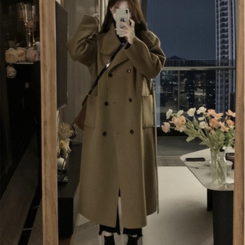 Korean double-breasted woolen coat for women autumn and winter 2024 new style foreign style loose mid-length woolen coat