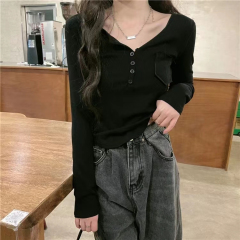 Designed button collar, right shoulder, long-sleeved T-shirt, women's slim-fitting bottoming shirt top
