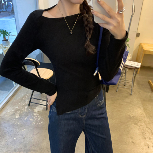 Actual pictures of sloping shoulders, irregular slim fit, white long-sleeved bottoming shirt for women, autumn and winter niche pure desire hottie tops