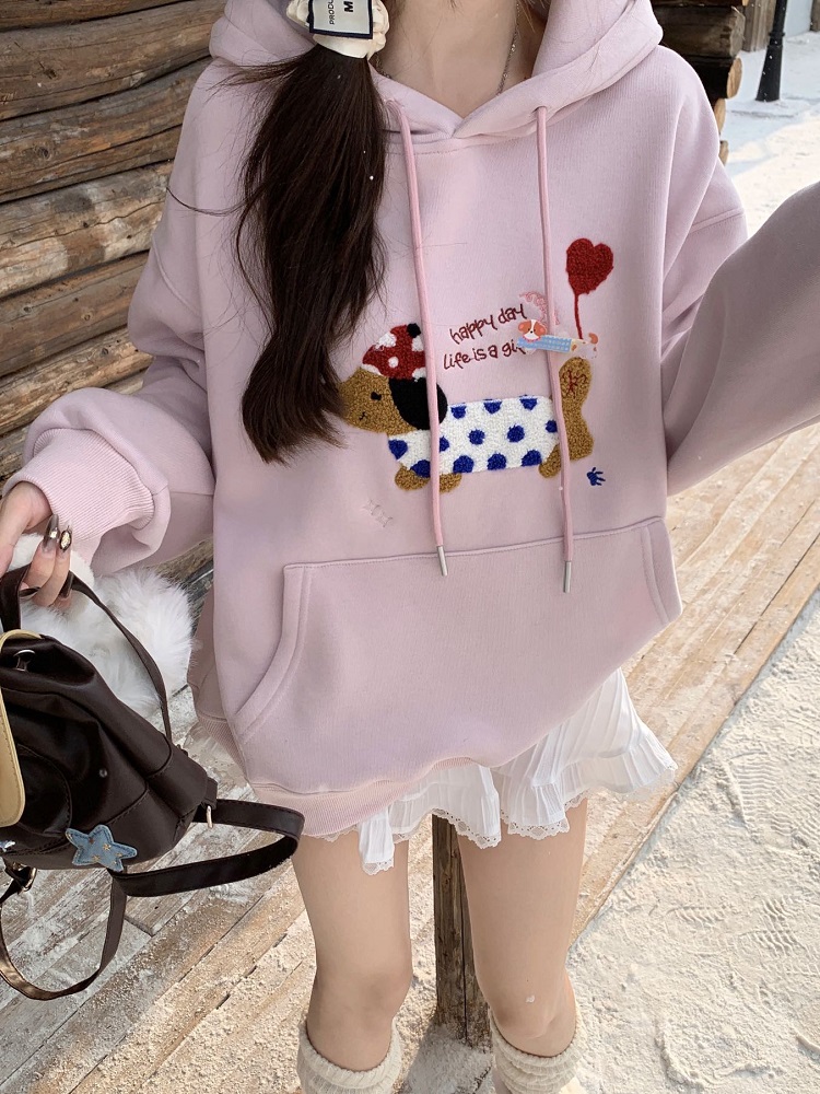 Cute age-reducing dachshund dog towel embroidered sweatshirt women's autumn and winter loose hooded pullover plus fleece top