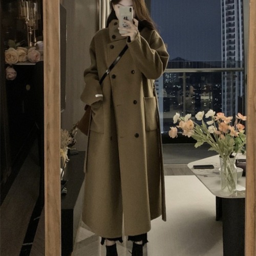 Korean double-breasted woolen coat for women autumn and winter 2024 new style foreign style loose mid-length woolen coat