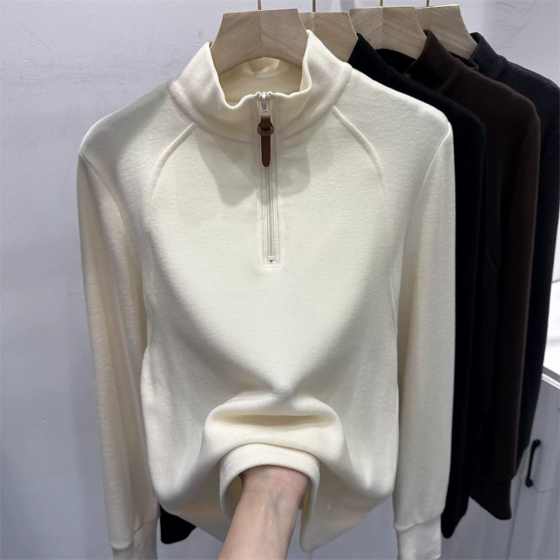 Official picture of German velvet half-zip stand-collar long-sleeved T-shirt for women in autumn and winter, slim-fitting Korean style inner layering shirt, thickened top, trendy