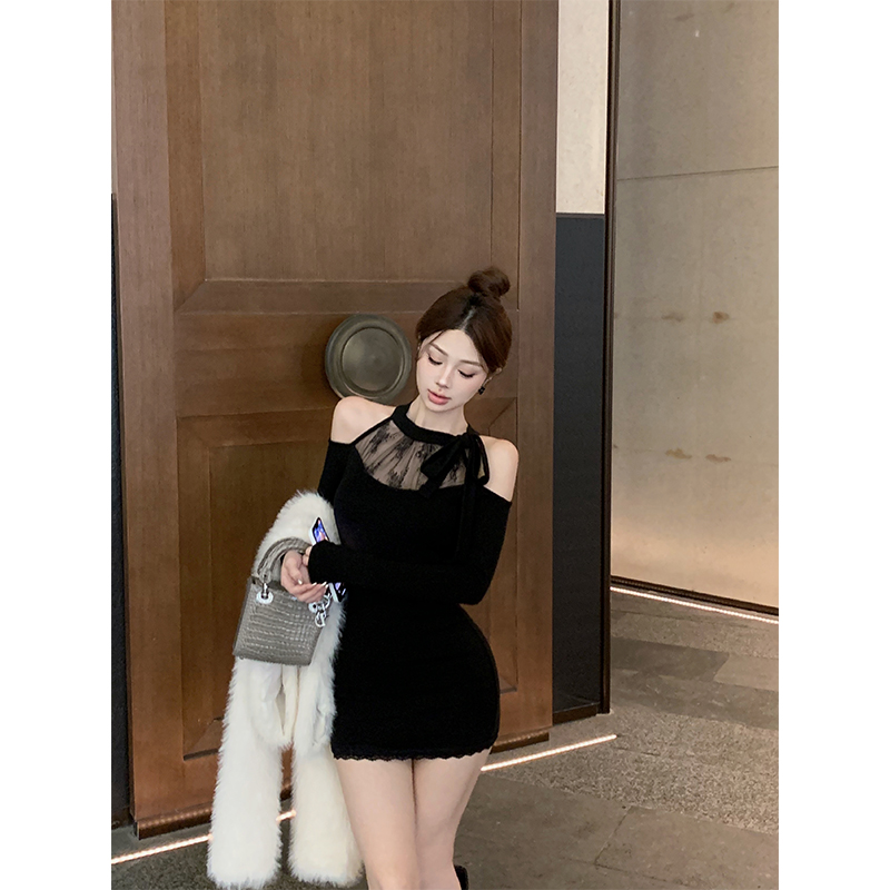 Real shot lace stitching butterfly knot slim dress