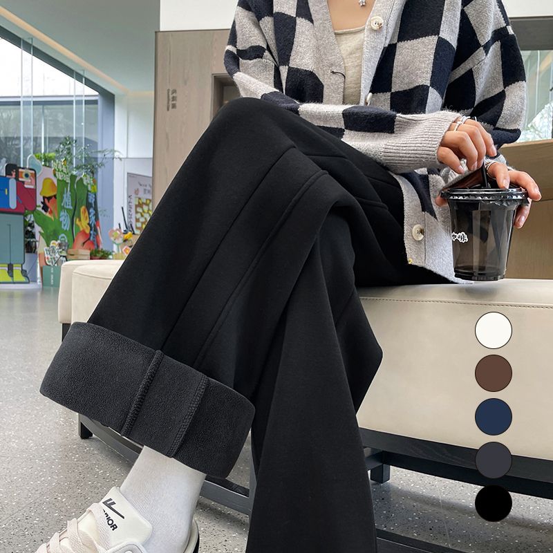 Three-dimensional waist gray sports pants for women autumn and winter plus velvet 2024 new narrow version straight wide leg pants casual