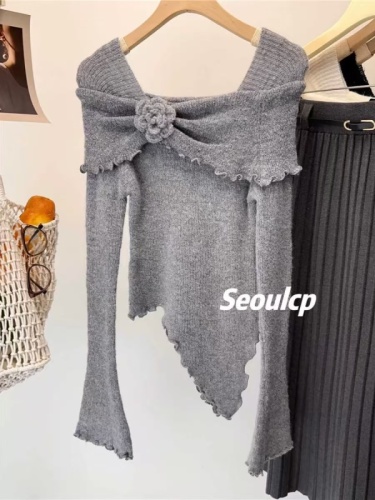 French style floral off-shoulder sweater for women with irregular design, slim waist and bell sleeve top for winter