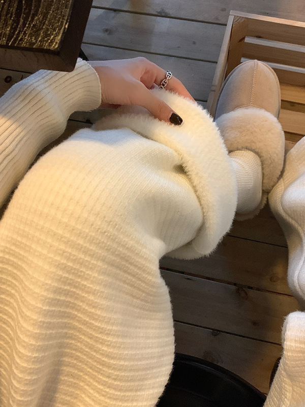 Waffle texture floor-length casual pants for women, elastic high-waist drawstring, loose straight-leg plus velvet knitted trousers