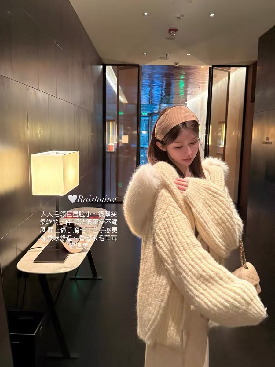 Fur collar hooded sweater coat cardigan women's new autumn and winter loose slimming lazy style knitted sweater top