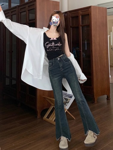 Narrow version of micro-flared jeans for women in autumn new style raw edge design for fat girls mm high waist slim covering span flared pants
