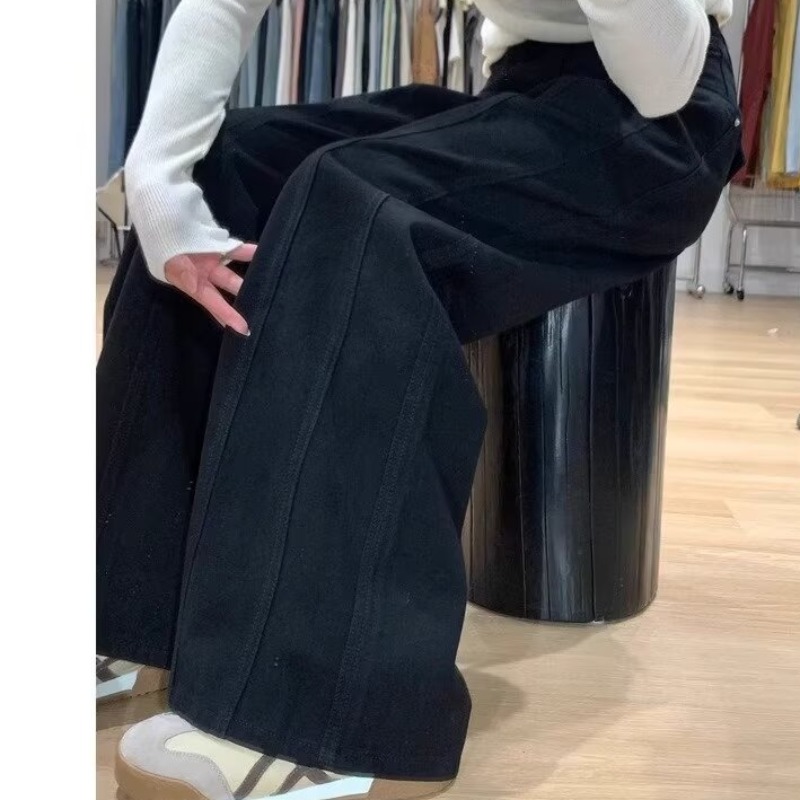 Retro loose floor-length high-waisted fat mm black micro-flare patchwork large size wide-leg pants jeans for women