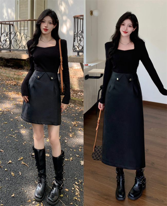 2024 new large size autumn new fat MM French square collar fake two-piece spliced ​​leather skirt slimming dress