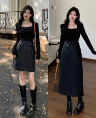 2024 new large size autumn new fat MM French square collar fake two-piece spliced ​​leather skirt slimming dress