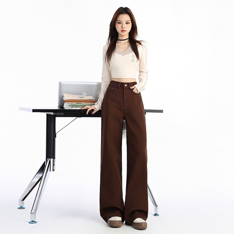 High-waist chestnut coffee wide-leg jeans for women 2024 autumn and winter new fashion slimming loose casual versatile straight pants