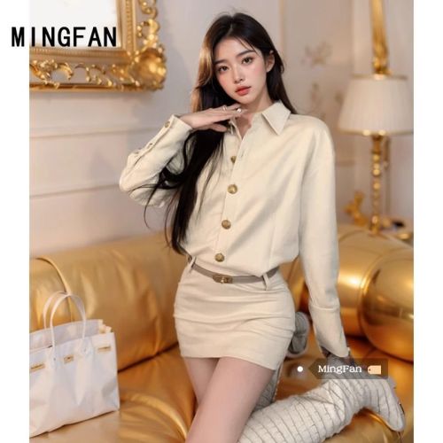 2024 new autumn women's fashionable hip-hugging shirt dress Polo collar waist slimming long-sleeved dress short skirt