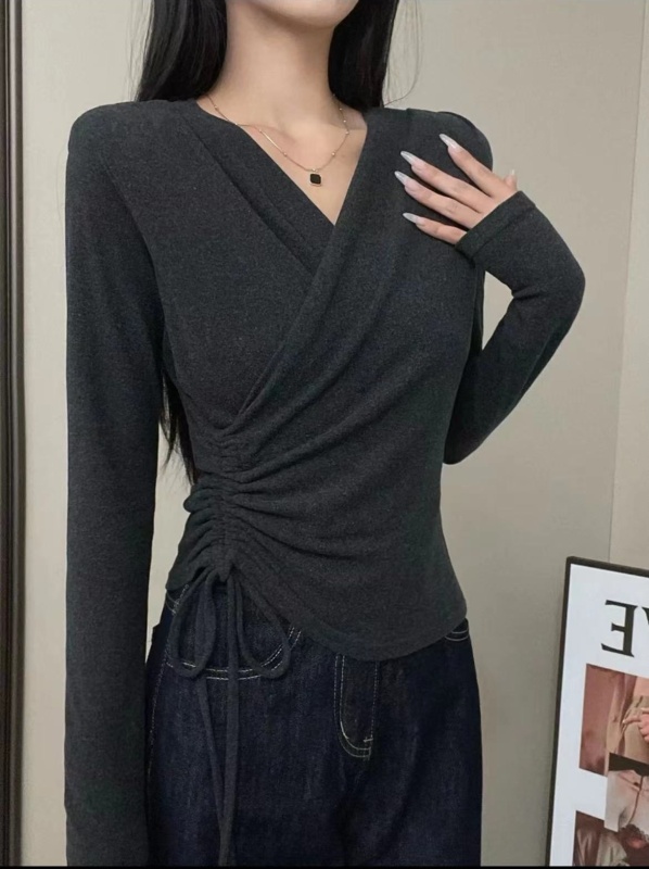 Large size velvet irregular pleated long-sleeved T-shirt for women in autumn fashion waist slimming long-sleeved bottoming top