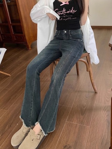 Narrow version of micro-flared jeans for women in autumn new style raw edge design for fat girls mm high waist slim covering span flared pants