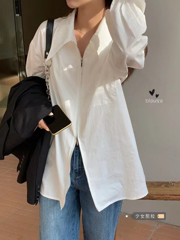 Zipper white shirt for women early autumn new design shirt with high-end top