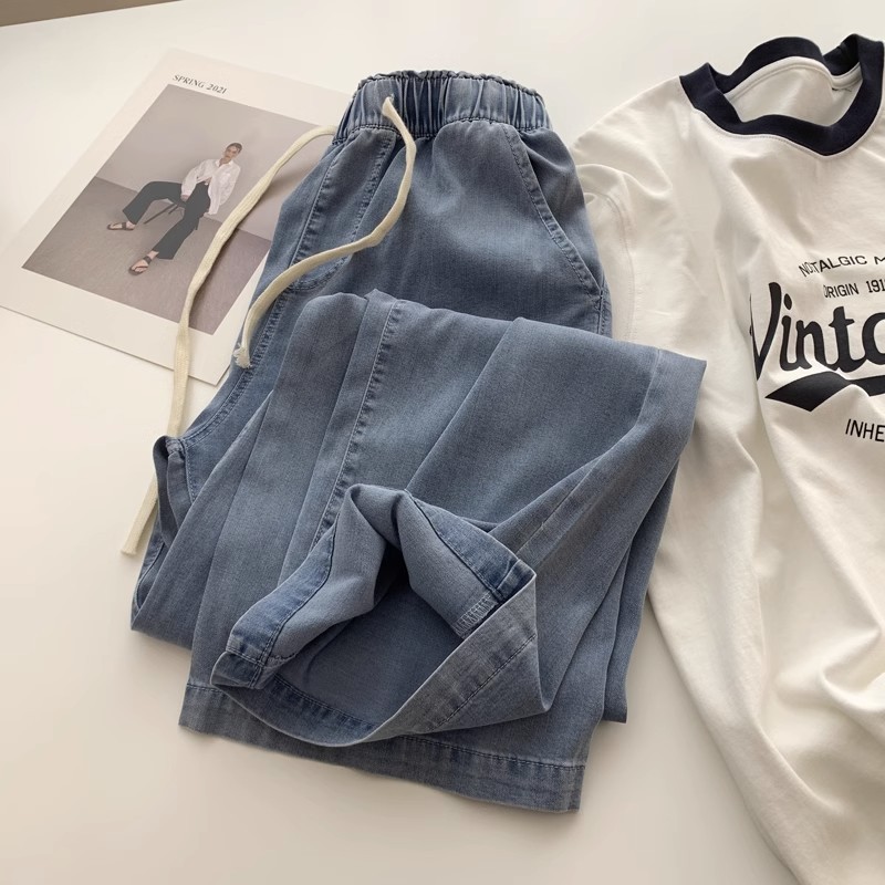 Tencel soft jeans for women, thin, large size, high waist, pear-shaped body, slim and drapey elastic waist straight trousers