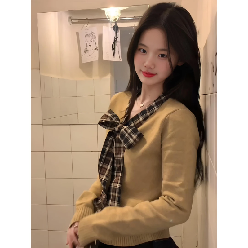 Korean temperament bow tie design v-neck sweater for women 2024 autumn and winter western style unique and unique top