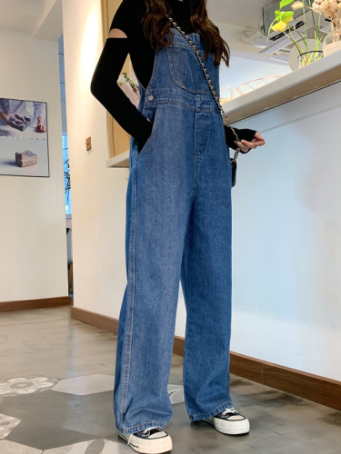 Suitable for hips and thighs thick straight denim overalls for women Korean style loose autumn style student retro large size wide leg pants