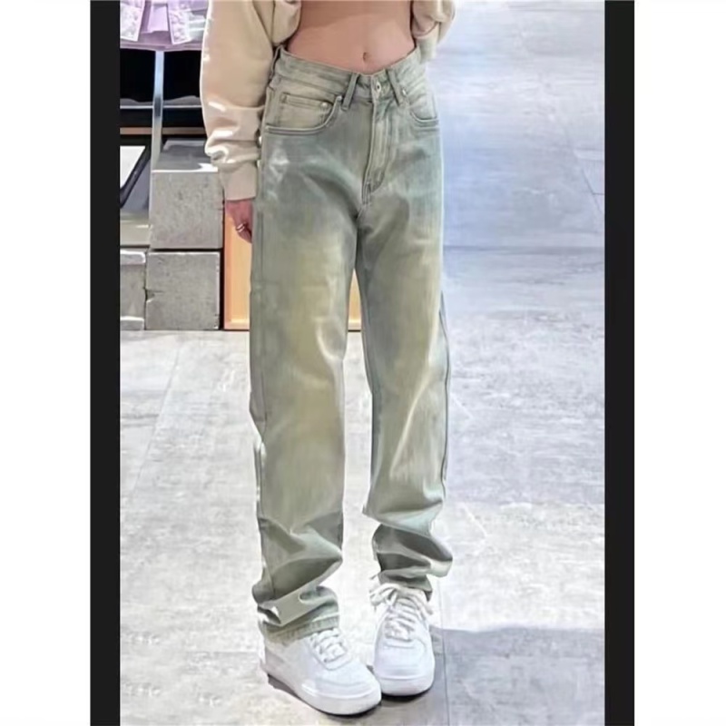 Large size yellow mud jeans American street washed distressed casual pants floor-length straight trousers high street fashion